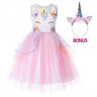 GeeVen Girls Unicorn Costume Dress with Unicorn Headband Evening Gowns Tutu Dress