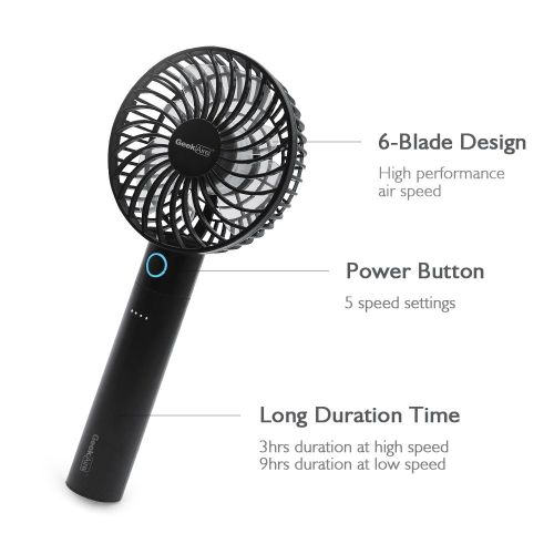  Geek Aire 2600mA Power Bank Fan, Rechargeable Mini Personal Handheld Fan, Lithium-ion Battery, Charging Dock, 5 Speed Settings, Cordless, for Household Office Traveling Outdoor, Ch