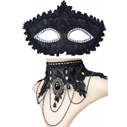  Geek-M Black Venetian Mask Masquerade Mask with Elegant Vintage Princess Lace Gothic Necklace Pack of 2