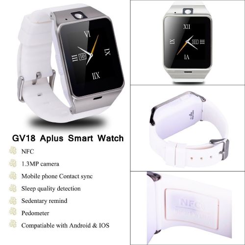  Geelyda Smart Watch Aplus GV18 Bluetooth phone Camera Sweat Proof Wrist Watch with SIM Card Slot and GSM NFC for IOS iPhone, Android Samsung HTC Sony LG Smartphones-white