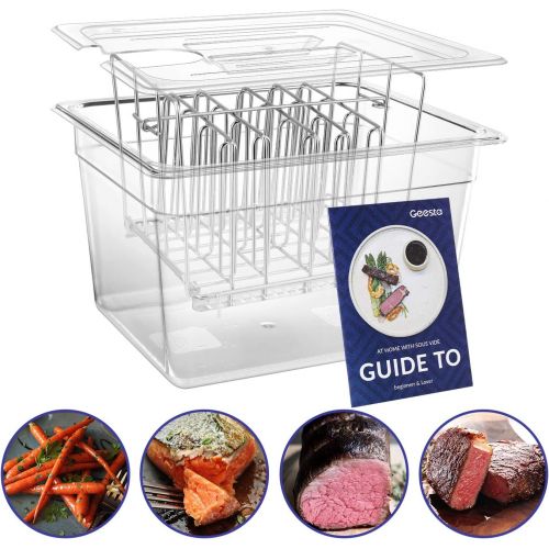  Geesta Sous Vide Container with Stainless Steel Rack and Lid Set -Family 12 Qt Cooker Accessories and Adjustable No-Float Top Bar for Anova, Nano, Joule and Most Circulators