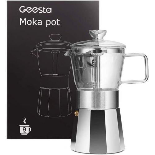 GEESTA Premium Crystal Glass-Top Stovetop Espresso Moka Pot - 9 cup - Coffee Maker, 360ml/12.7oz/9 cup (espresso cup=40ml) Gift Idea for Valentines Day Gifts for Him Husband Wife