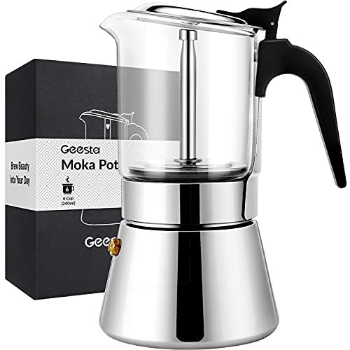  GEESTA Premium Crystal Glass-Top Stovetop Espresso Moka Pot - 4 / 6/ 9 Cups Stainless Steel Coffee Maker- 240ml/8.5oz/6 cup (espresso cup=40ml)