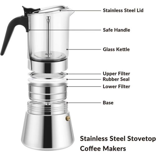  GEESTA Premium Crystal Glass-Top Stovetop Espresso Moka Pot - 4 / 6/ 9 Cups Stainless Steel Coffee Maker- 240ml/8.5oz/6 cup (espresso cup=40ml)