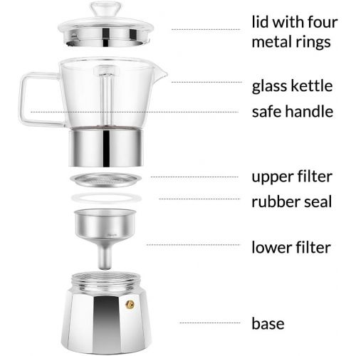  [아마존베스트]GEESTA Premium Crystal Glass-Top Stovetop Espresso Moka Pot - 9 cup - Coffee Maker, 360ml/12.7oz/9 cup (espresso cup=40ml)