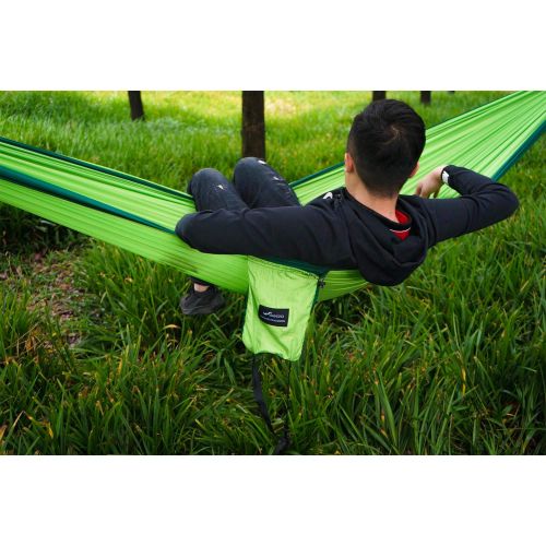  Geezo Double Camping Hammock, Lightweight Portable Parachute (2 Tree Straps 16 LOOPS/10 FT Included) 500lbs Capacity Hammock for Backpacking, Camping, Travel, Beach, Garden