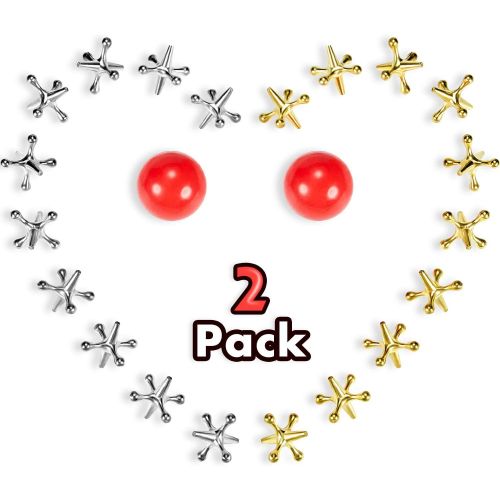  [아마존베스트]2 Sets Jacks Game Toys Kit, Include 2 Pieces Red Rubber Balls and 20 Pieces Metal Jacks for Kids and Adults