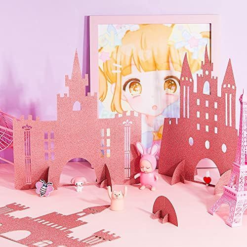 Gejoy 4 Pieces Castle Table Centerpiece Glitter Princess Theme Castle Centerpiece for Birthday Baby Shower Princess Party Table Decorations (Pink)