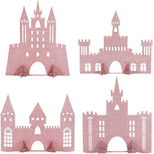  Gejoy 4 Pieces Castle Table Centerpiece Glitter Princess Theme Castle Centerpiece for Birthday Baby Shower Princess Party Table Decorations (Pink)