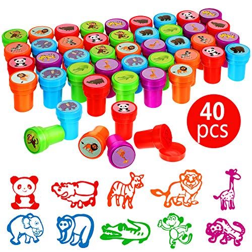  [아마존베스트]Gejoy 40 Pieces Wild Animal Stampers Multicolor Jungle Safari Animals Stamps Self-Ink Stampers for Party Supplies Gifts, 10 Styles