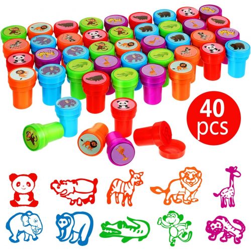  [아마존베스트]Gejoy 40 Pieces Wild Animal Stampers Multicolor Jungle Safari Animals Stamps Self-Ink Stampers for Party Supplies Gifts, 10 Styles