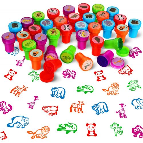  [아마존베스트]Gejoy 40 Pieces Wild Animal Stampers Multicolor Jungle Safari Animals Stamps Self-Ink Stampers for Party Supplies Gifts, 10 Styles