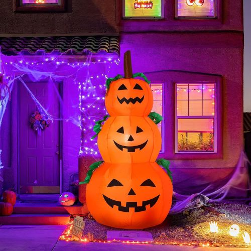  할로윈 용품Gejoy 4 Feet Halloween Inflatable 3 Stack Pumpkin Halloween Blow Up Decorative Pumpkin Inflatable Outdoor Halloween Decoration for Holiday Family Home Yard Party