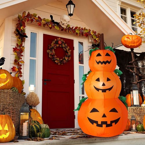  할로윈 용품Gejoy 4 Feet Halloween Inflatable 3 Stack Pumpkin Halloween Blow Up Decorative Pumpkin Inflatable Outdoor Halloween Decoration for Holiday Family Home Yard Party