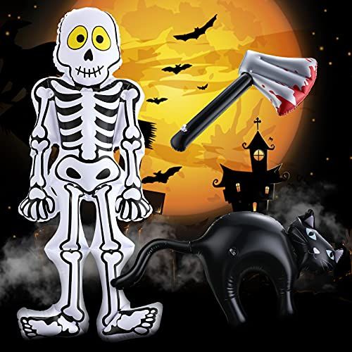  할로윈 용품Gejoy 3 Pieces Inflatable Halloween Decorations Skeleton Black Cat Axe Halloween Inflatable Decoration Inflate Creepy Decorations for Indoor Outdoor Halloween Party Supplies