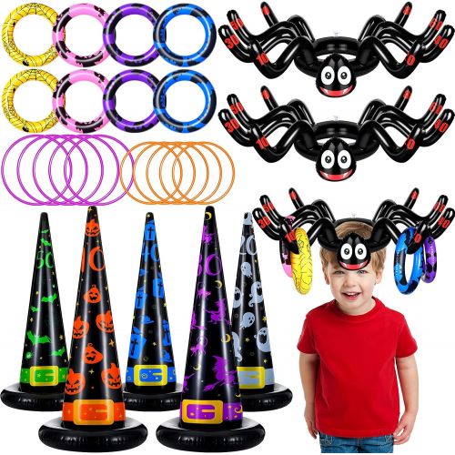  할로윈 용품Gejoy Halloween Ring Toss Game Set, Include 7 Pieces Halloween Inflatable Spiders Witch Hat, 10 Plastic Rings, 8 Inflatable Rings Halloween Party Supplies Family Halloween Party Games In