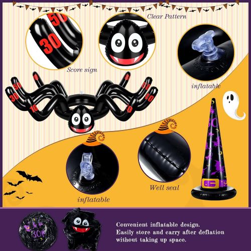  할로윈 용품Gejoy Halloween Ring Toss Game Set, Include 7 Pieces Halloween Inflatable Spiders Witch Hat, 10 Plastic Rings, 8 Inflatable Rings Halloween Party Supplies Family Halloween Party Games In