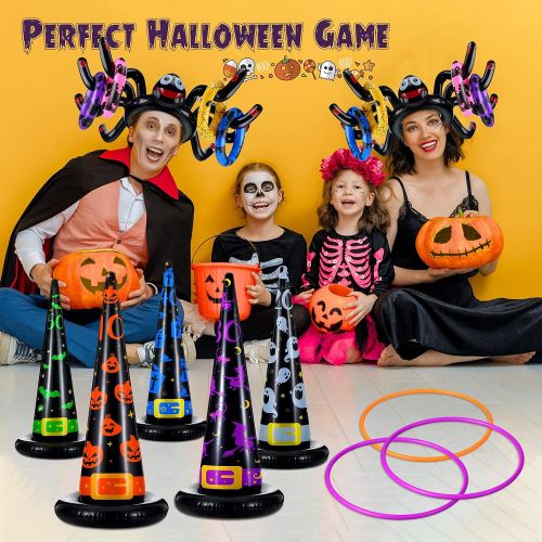  할로윈 용품Gejoy Halloween Ring Toss Game Set, Include 7 Pieces Halloween Inflatable Spiders Witch Hat, 10 Plastic Rings, 8 Inflatable Rings Halloween Party Supplies Family Halloween Party Games In