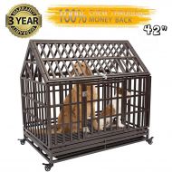 Gelinzon Heavy Duty Dog Cage Crate Kennel Playpen Large Strong Metal for Large Dogs and Pets, Easy to Assemble with Patent Lock and Four Lockable Wheels