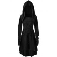 Gemijack Womens Renaissance Costumes Hooded Robe Lace Up Vintage Pullover High Low Long Hoodie Dress Cloak