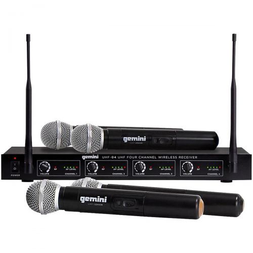  Gemini},description:The Gemini UHF-04M is a 4-channel wireless system with four handheld microphone transmitters, perfect for entertainers who need freedom on stage. The UHF-04M of