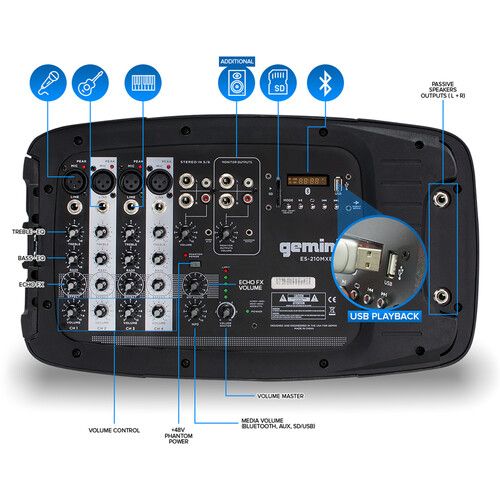  Gemini ES-210MXBLU-ST Portable PA System Pack with 10