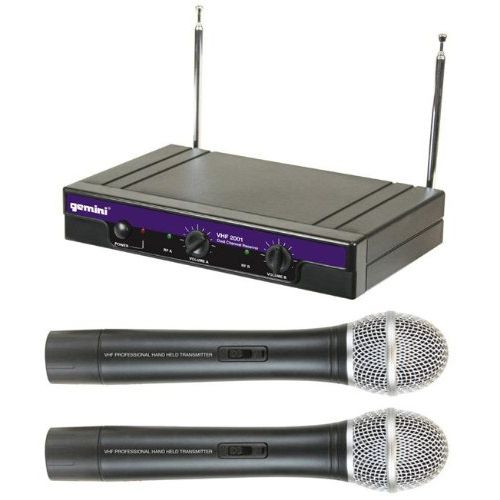  Brand New Gemini Vhf-2001m Dual Wireless Vhf Handheld Microphone System with (2) Mics with Built in Transmitters + Wireless Receiver