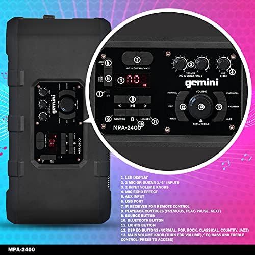  Gemini Sound MPA-2400 20, 240W Watts Wireless Portable Rechargeable Weatherproof Bluetooth Trolley Tailgate Speaker with LED Party Lights, 6 DSP Modes, Microphone/Guitar Inputs, FM