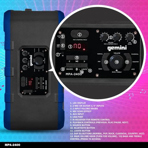  Gemini Sound MPA-2400 20, 240W Watts Wireless Portable Rechargeable Weatherproof Bluetooth Trolley Tailgate Speaker with LED Party Lights, 6 DSP Modes, Microphone/Guitar Inputs, FM