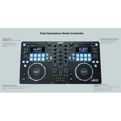  [아마존베스트]Gemini GMX Series Professional Audio DJ Multi-Format USB, MP3, WAV and DJ Software Compatible Media Controller System with Touch-Sensitive High-Res Jog Wheels,Black