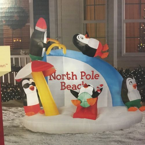  Gemmy Airblown Inflatable Penguins Beach Vacation Having Fun On A Slide Holiday Decor 7.5-foot Wide x 6-f