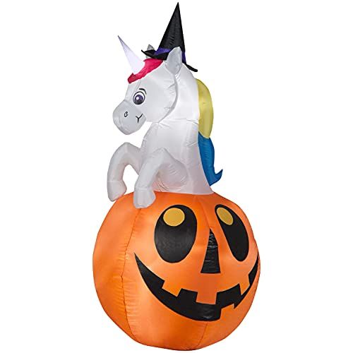  할로윈 용품Gemmy Airblown Unicorn w/Colorchanging Horn Out of Pumpkin Scene (RGB), 5 ft Tall, Multicolored