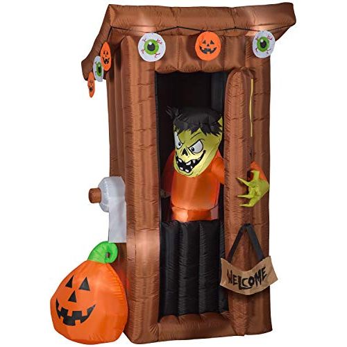  할로윈 용품Gemmy Animated Airblown Door Opening Spooky Outhouse w/Monster Scene, 6 ft Tall, Brown