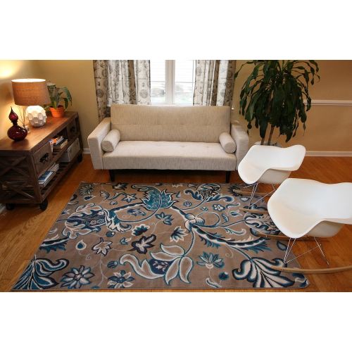  Generations New Contemporary Flowers Modern Area Rug, 2 x 3, Brown/Navy/Coral/Blue/Grey