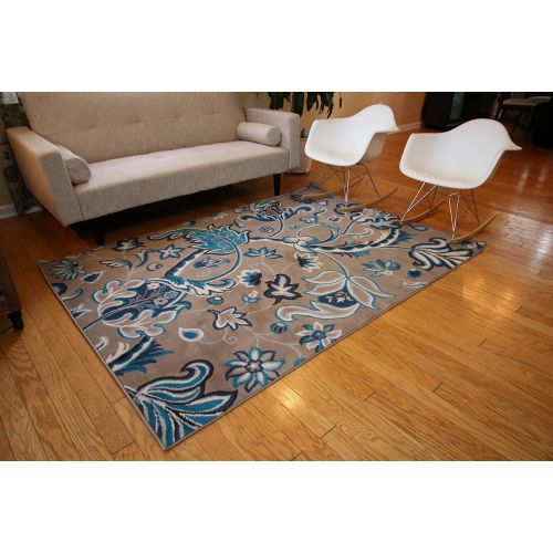  Generations New Contemporary Flowers Modern Area Rug, 2 x 3, Brown/Navy/Coral/Blue/Grey