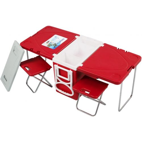  generec Multi Function Rolling Cooler Picnic Camping Outdoor w/Table & 2 Chairs Red