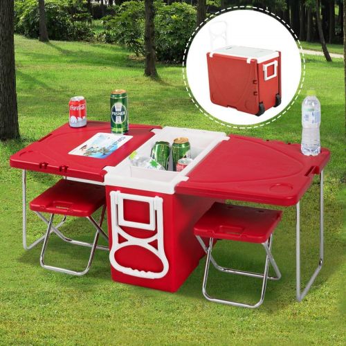  generec Multi Function Rolling Cooler Picnic Camping Outdoor w/Table & 2 Chairs Red