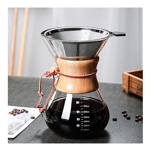 제네릭 Pour Over Glass Coffee Maker with Double Layer Stainless Steel Filter, 800 ml, 28 oz