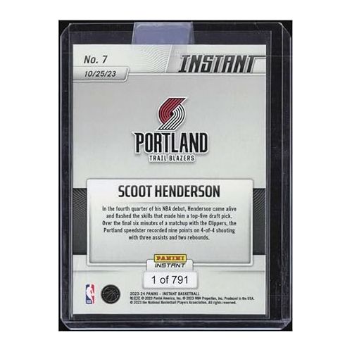 제네릭 SCOOT HENDERSON RC 2023-24 Panini Instant /791 ROOKIE #7 Blazers MT-MT+ NBA Basketball
