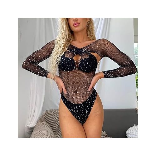 제네릭 Sexy Rhinestone Bodysuit for Women Fishnet Cut Out Snap Crotch Lingerie Mesh Sheer Slutty Teddy Babydoll for Sex Naughty Play