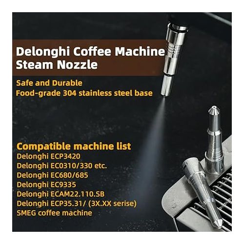 제네릭 Replacement Steam tube compatible with Delonghi Dedica Coffee Machine EC680 EC685 ECO310 EC9355 stainless steel single-hole nozzle steam wand part