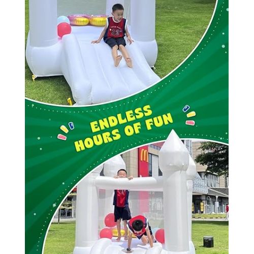 제네릭 Small Inflatable Bounce House, White Bounce House Jumping Castle with Slide, Blower, Patches, Floor Mat, Stakes, Storage Bag (for 2 Kid, 3-6 Years), Oxford Durable Sewn