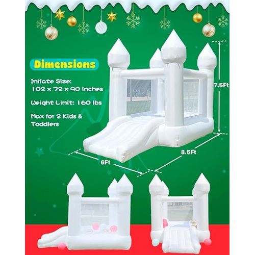 제네릭 Small Inflatable Bounce House, White Bounce House Jumping Castle with Slide, Blower, Patches, Floor Mat, Stakes, Storage Bag (for 2 Kid, 3-6 Years), Oxford Durable Sewn