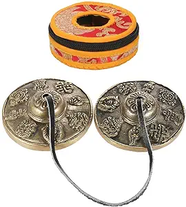 Heysland Tibetan Tingsha Cymbal Bell 2.6in/6.5cm Handcrafted Yoga Bell Meditation Chime Bells with Bag Eight Auspicious Symbols,HL03B