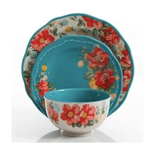제네릭 The Pioneer Woman Dinnerware Set Vintage Floral 12-Piece, Teal