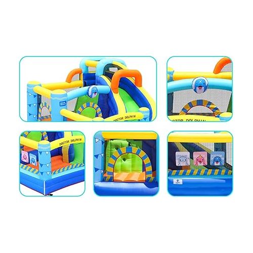 제네릭 Bounce House with Slide, Inflatable Bouncy House, Indoor Bounce House for Kids and Toddlers, Doctor Dolphin Jump House Outdoor for Party(450W Blower Included)