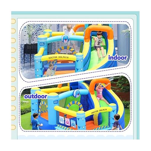 제네릭 Bounce House with Slide, Inflatable Bouncy House, Indoor Bounce House for Kids and Toddlers, Doctor Dolphin Jump House Outdoor for Party(450W Blower Included)