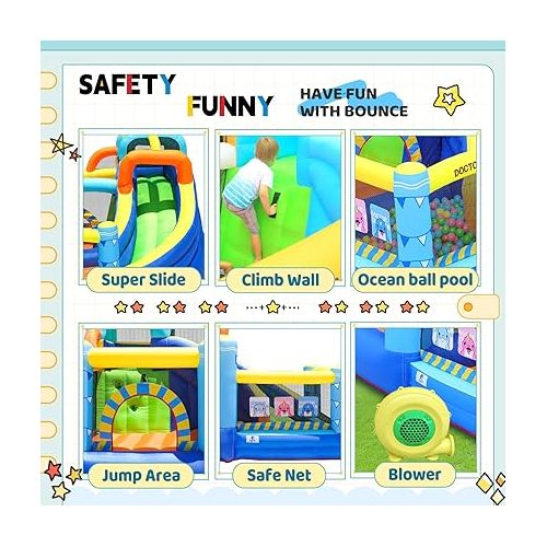 제네릭 Bounce House with Slide, Inflatable Bouncy House, Indoor Bounce House for Kids and Toddlers, Doctor Dolphin Jump House Outdoor for Party(450W Blower Included)