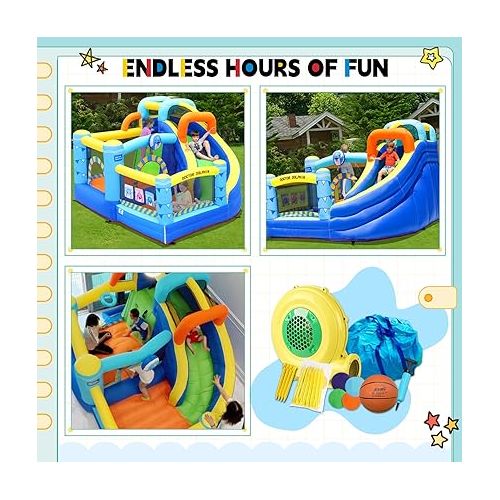 제네릭 Bounce House with Slide, Inflatable Bouncy House, Indoor Bounce House for Kids and Toddlers, Doctor Dolphin Jump House Outdoor for Party(450W Blower Included)