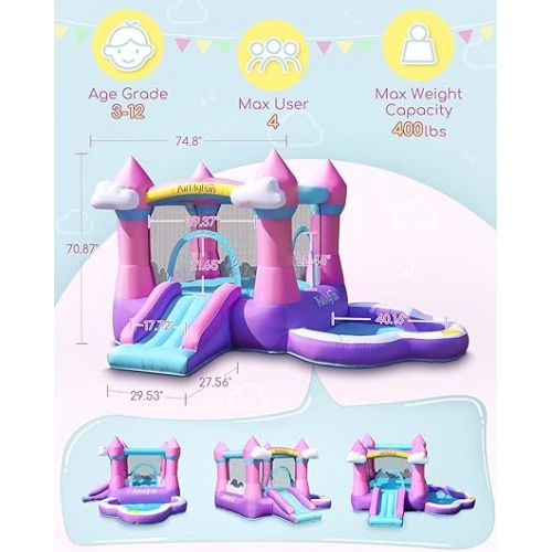 제네릭 AirMyFun Pink Inflatable Bounce House for Toddlers 3-8: Bouncy Castle for Kids Outdoor Indoor with Slide Blow Up Jump House Bouncer with Blower Ball Pit for Backyard Toddler Kid Children Birthday Gift